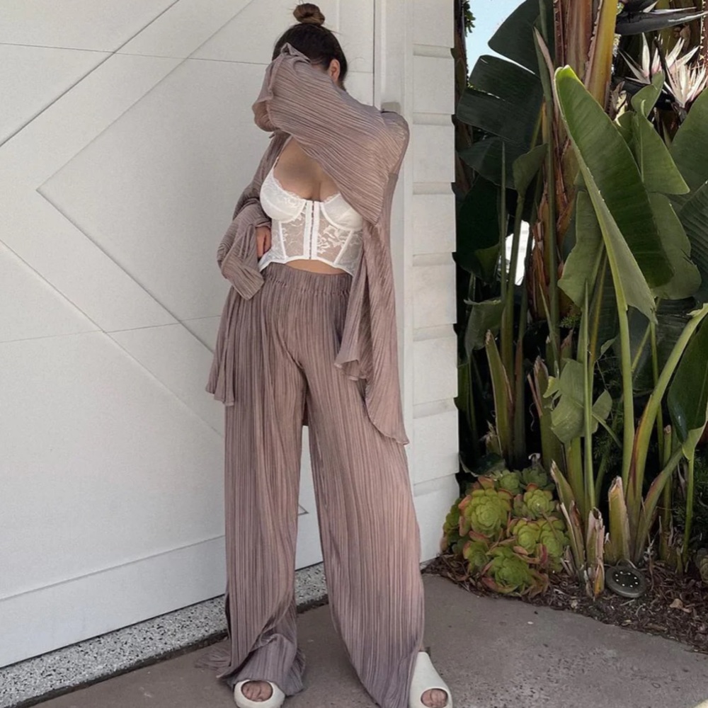Plisse Serenity Pants in Taupe, petite length